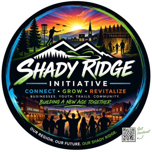 Shady Ridge Initiative logo featuring mountain landscape, disc golf basket, church, trailhead, and community at sunset representing connection, growth, and revitalization